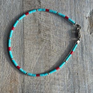 Vintage Sterling Silver Turquoise and Red Coral Dainty Tube Bead Bracelet